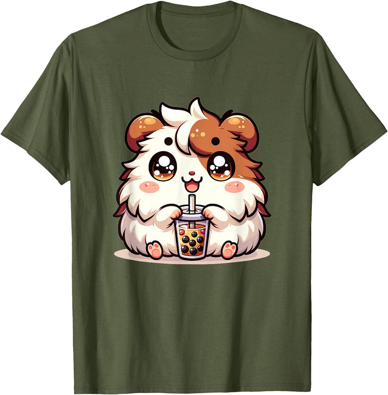 Cute Kawaii Animals Drinking Boba Tea Co. Cute Kawaii Chibi Guinea Pig Drinking Boba Tea T-Shirt - Olive Green