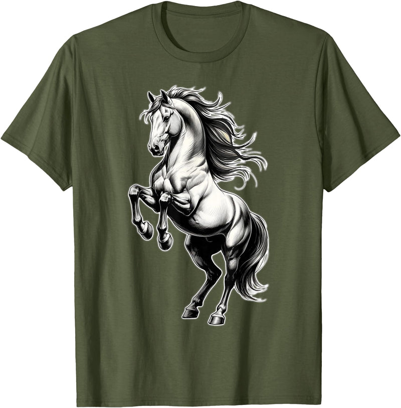 Urban Empyre Shire Horse White Equestrian Rearing T-Shirt - Straight - Olive Green