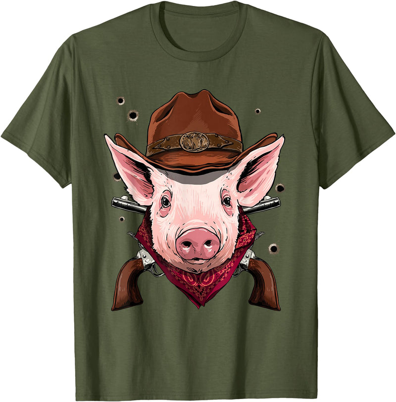 Wowsome! Cowboy Pig Western Rodeo Cowboy Hat and Bandana T-Shirt - Olive Green