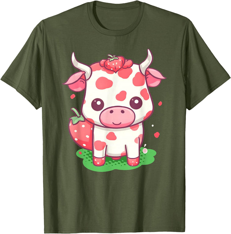 Strawberries Cow Baby Animal Kids Cute Apparel Cow Strawberry Cute Kawaii Pink Pastel Strawberry Milk Farm T-Shirt - Olive