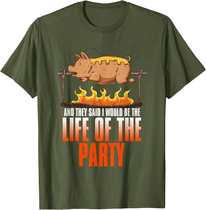 BBQ Season Smoke Meat Dad Grill Gifts Funny Saying Roasted Pig Rotisserie Pork Lover Food Pun Tee T-Shirt - Olive Green