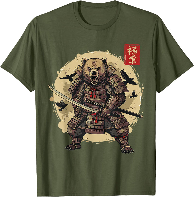 Anime Shirts For Men Women Kids Gifts Samurai Bear Shirt Warrior Vintage Graphic Japanese Men T-Shirt - Olive Green