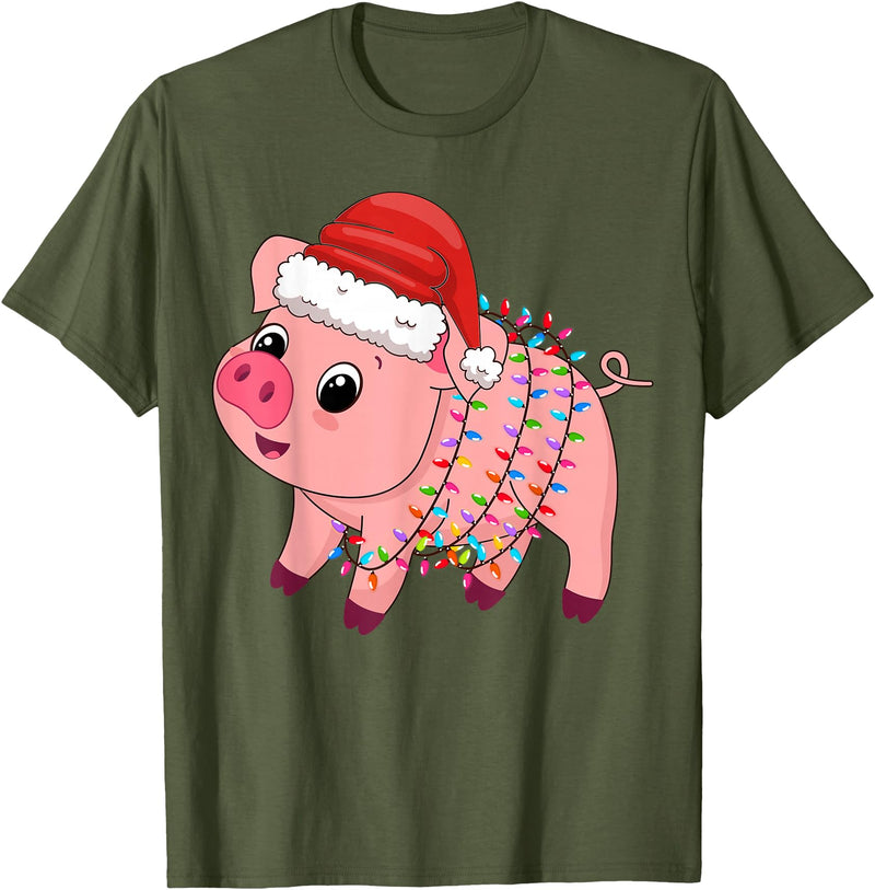 Pig Christmas Gifts Men Women Kids Co. Christmas Lights Pig Wearing Xmas Hat - Pig Lover Farmer T-Shirt - Olive Green