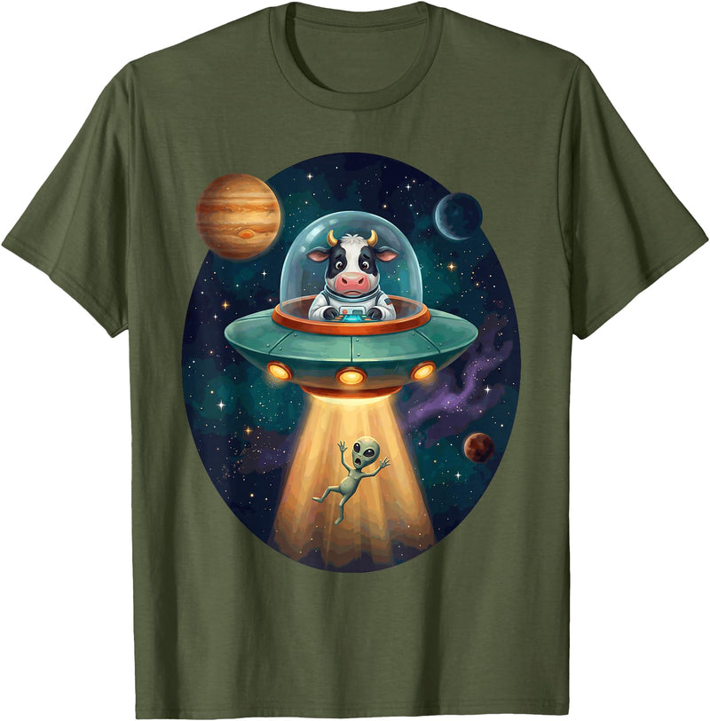Cow Astronaut Alien Abduction Space Apparel FUUNY Cow Astronaut UFO Abducting Alien Space Farm T-Shirt - Olive Green