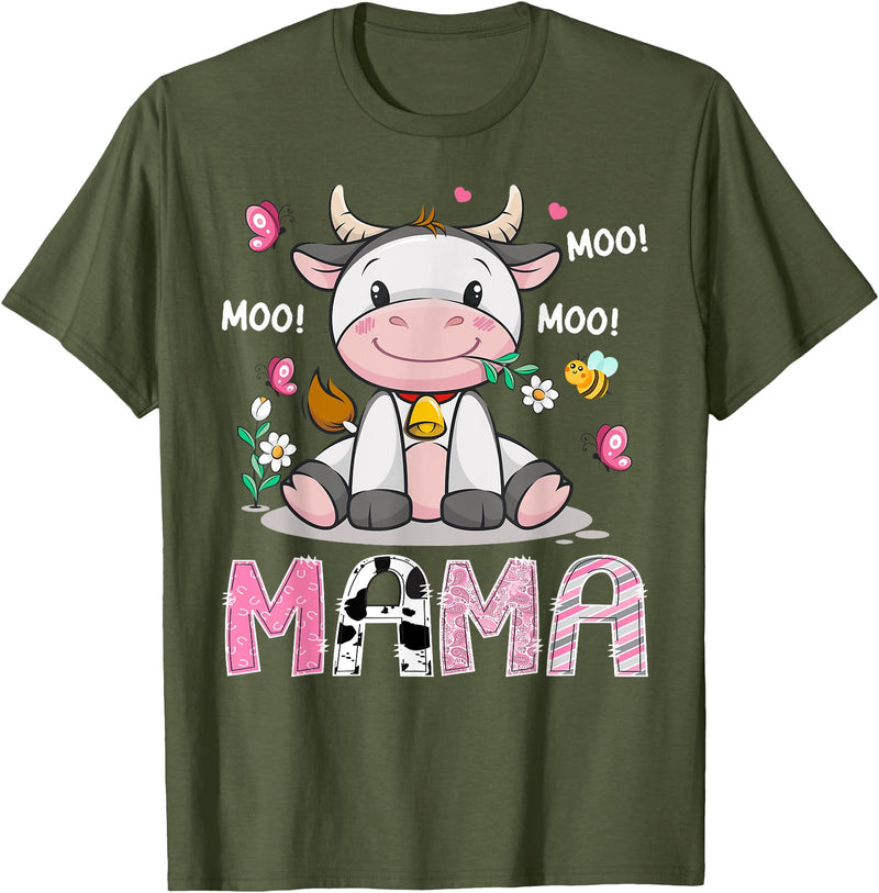 Pink Birthday Girl Party Cow Lover Mama Cute Cow Pink Farm Moo Moo Birthday Girl Matching T-Shirt - Olive Green