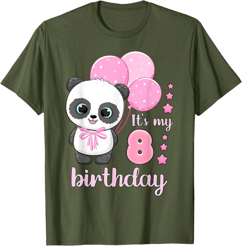 Birthday Gifts for Girls by Content Design Studio Birthday Girl 8 Panda Pink Balloons T-Shirt - Olive Green