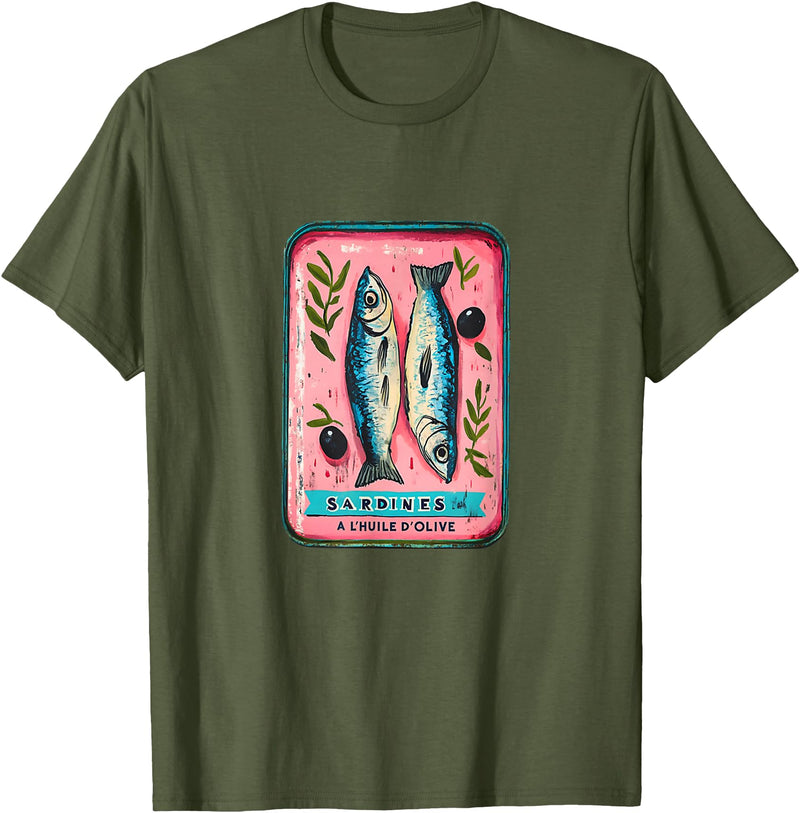 Coastal Nautical Sardine Apparel Co. Sardines Fish Tin Womens Salty Summer Fisherman Cute Top T-Shirt - Olive Green