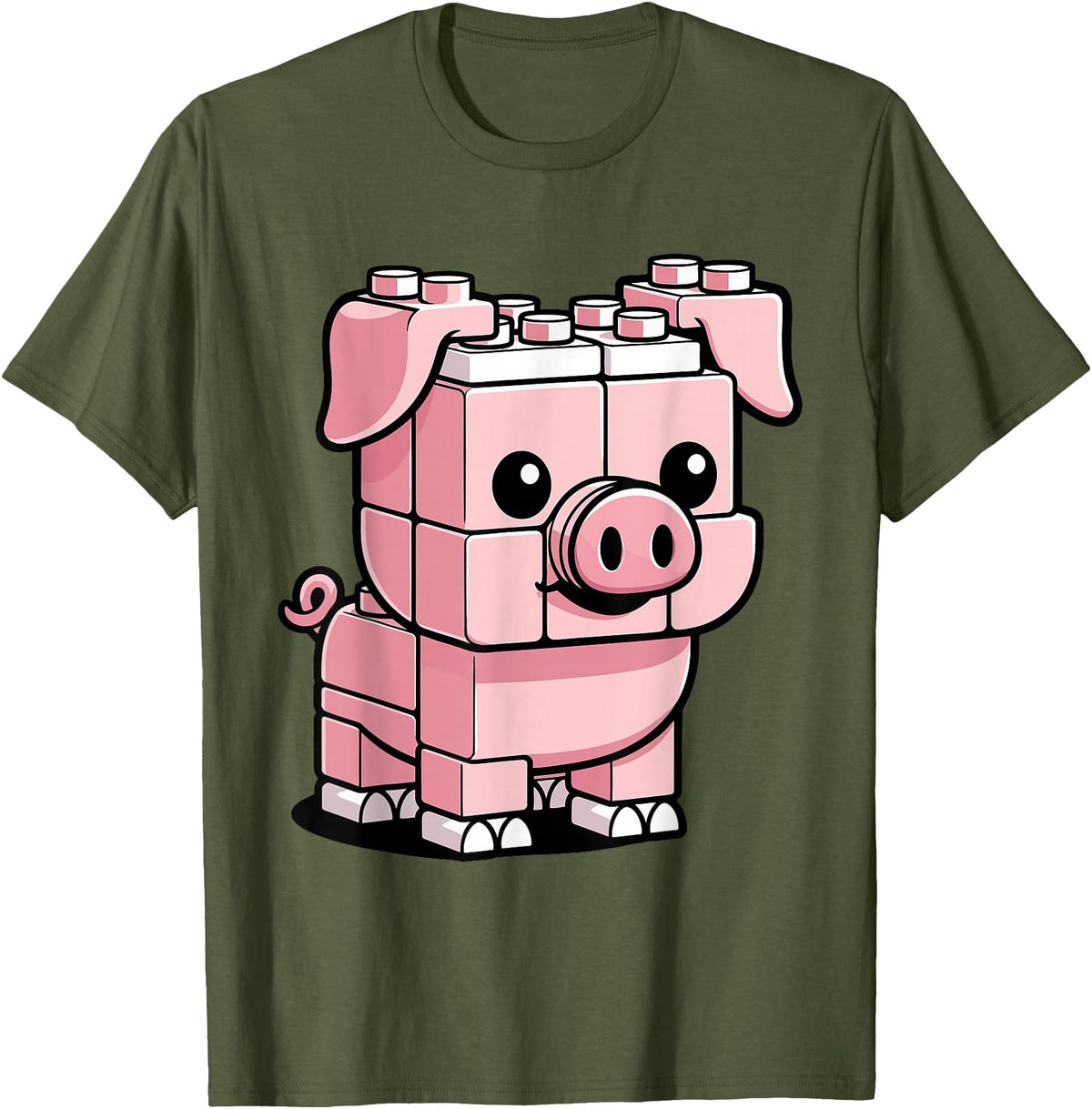 BlockPals DM Funny Pink Brick Pig Building Blocks Farm Animal Character T-Shirt - Olive Green