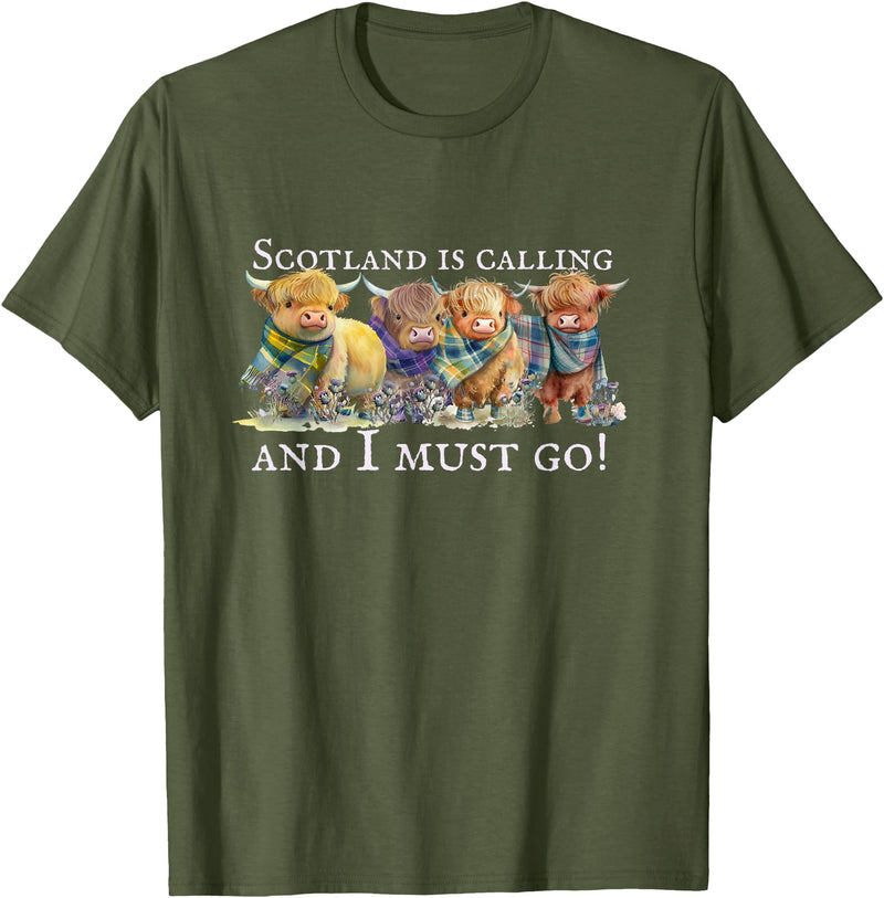 Everystepcounts4us Scottish Coos - Cute Cows Scotland is Calling, Highland Cows, Hairy Coos, Scottish Cow T-Shirt - Olive
