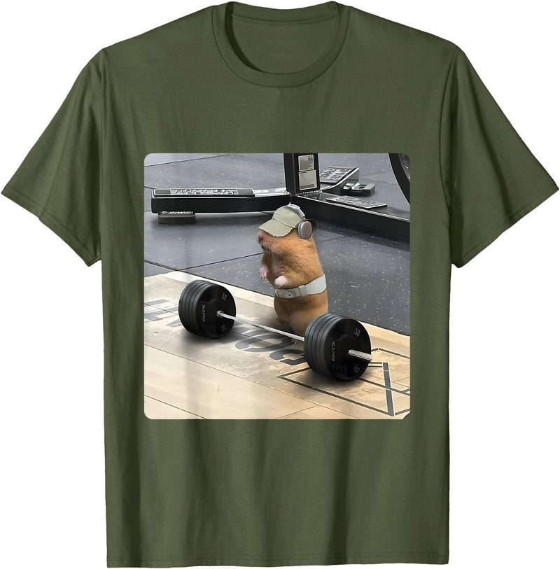 Hamster Deadlift Training Funny Cute Rat Weightlifting Meme T-Shirt - Olive Green