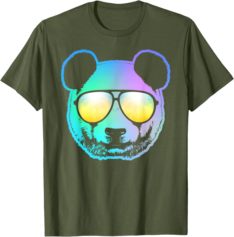 Panda Shirts Panda Neon Bear Face T-Shirt T-Shirt - Olive Green