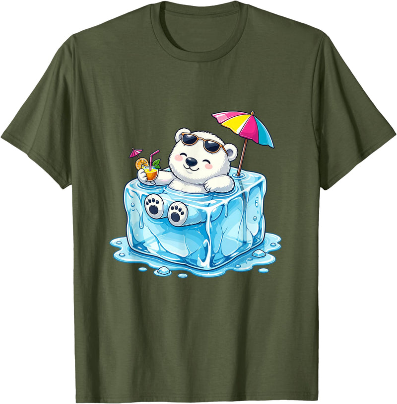 Cool Polar Bear Summer Ice Cube Relax Chill Polar Bear On Ice Cube Summer Vacation T-Shirt - Olive Green