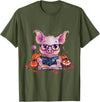Funny Halloween Costume Party Art Pig Halloween Costume Pumpkin Witchcraft Book Reading T-Shirt - Olive Green