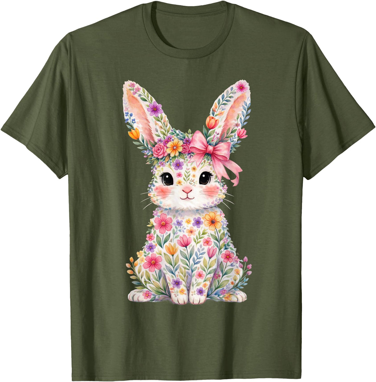 Cute Pink Flower Bunny Rabbit Happy Easter Women Girls T-Shirt in Olive Green