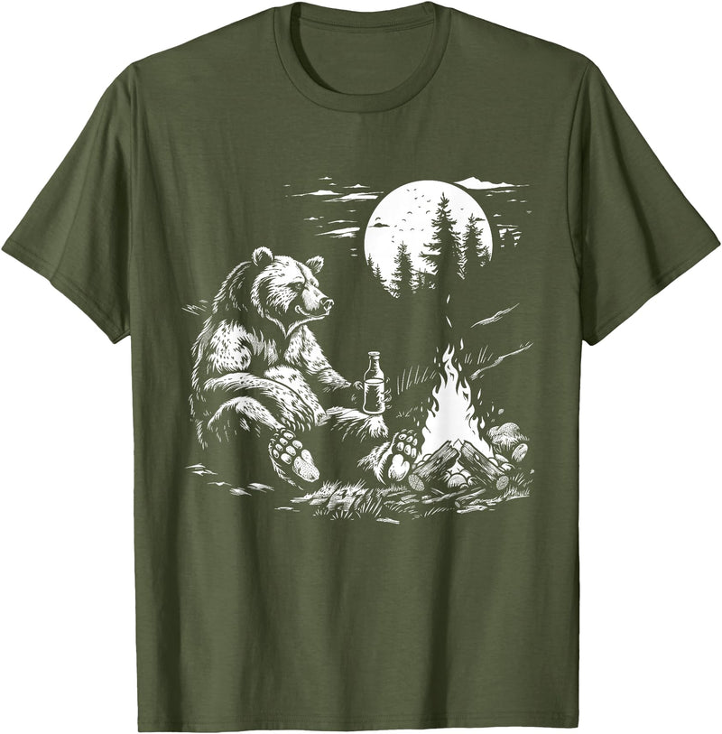 Camping Grizzly Bear Camping Bear Drinking Beer Hiking Nature Funny Grizzly Bear T-Shirt - Olive Green