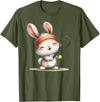 Cute Bunny Rabbit Tennis Player Cartoon Mascot T-Shirt in Olive Green