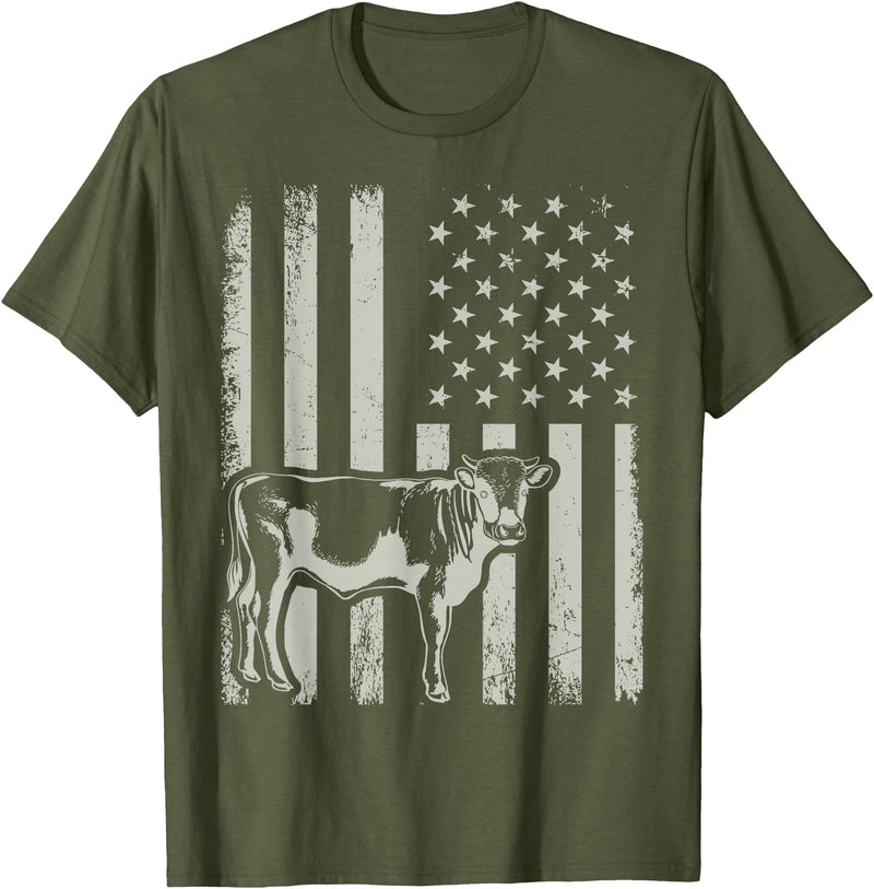 American Bull Riding Cowboy 4th of July USA Flag Proud Patriotic Cattle Bull Cow Farmer Lover American Flag T-Shirt - Olive