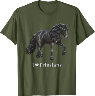 Horse Lover Art by CSForest I Love Friesians Black Friesian Draft Horse Lovers Gift T-Shirt - Olive Green