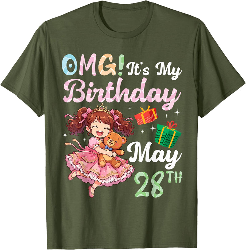 H1Shop Happy Birthday Born On May 28 OMG It's My Birthday Born On May 28th Girl with Present Bear T-Shirt - Olive Green
