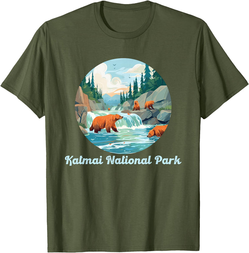 Fun National Parks Alaska Katmai National Park Alaska Brooks Falls Salmon Bears T-Shirt - Olive Green