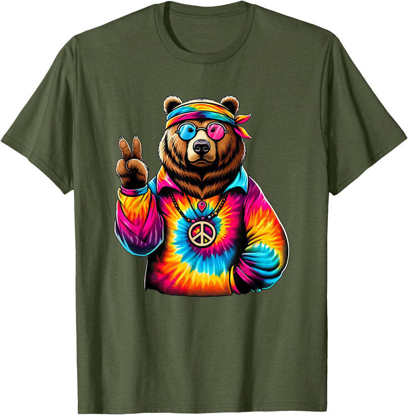 Grizzly Bear Hippie Costumes Peace Sign Tie Dye Grizzly Bear T-Shirt - Olive Green