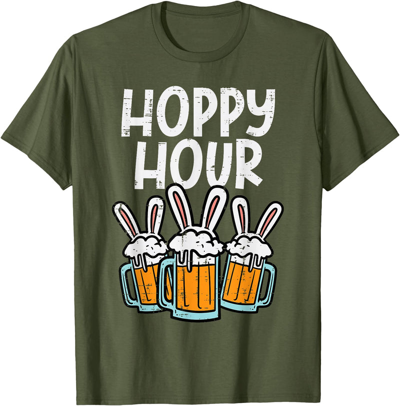 Hoppy Bunny Rabbit Ear Funny Happy Easter Day Men Women T-Shirt in Olive Green
