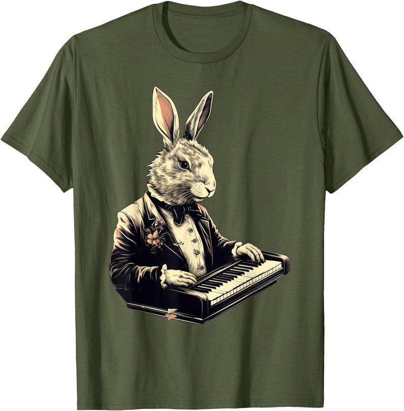 Cute Rabbit Bunny Playing Piano Rabbits Musician Music T-Shirt in Olive Green