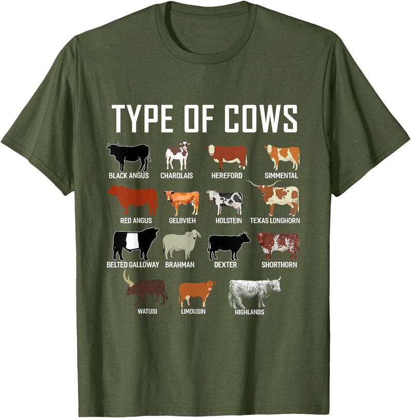 COW Designs By ShirtZilla Types of Cows Shirt Farmer Tee Shirt Costume Cow T-Shirt - Olive Green