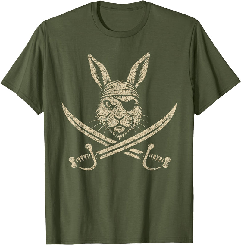Vintage Pirate Rabbit and Crossbones Bunny Mom T-Shirt in Olive Green