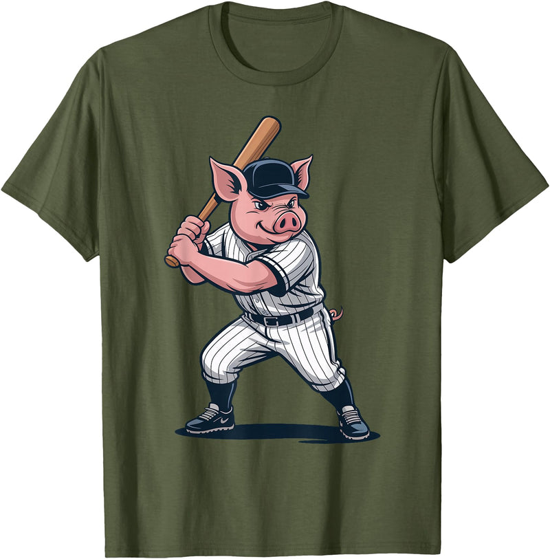 Pig Animal Baseball Lovers Graphic Funny Pig Playing Baseball Artwork Vintage Animal Baseballer T-Shirt - Olive Green