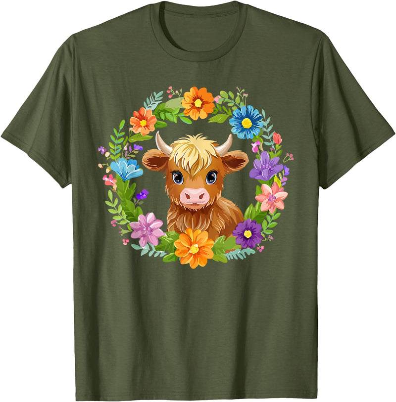 Highland Cow Lover Gifts Apparel and More Highland Cow Flowers Wreath Floral Farm Scottish Country T-Shirt - Olive Green
