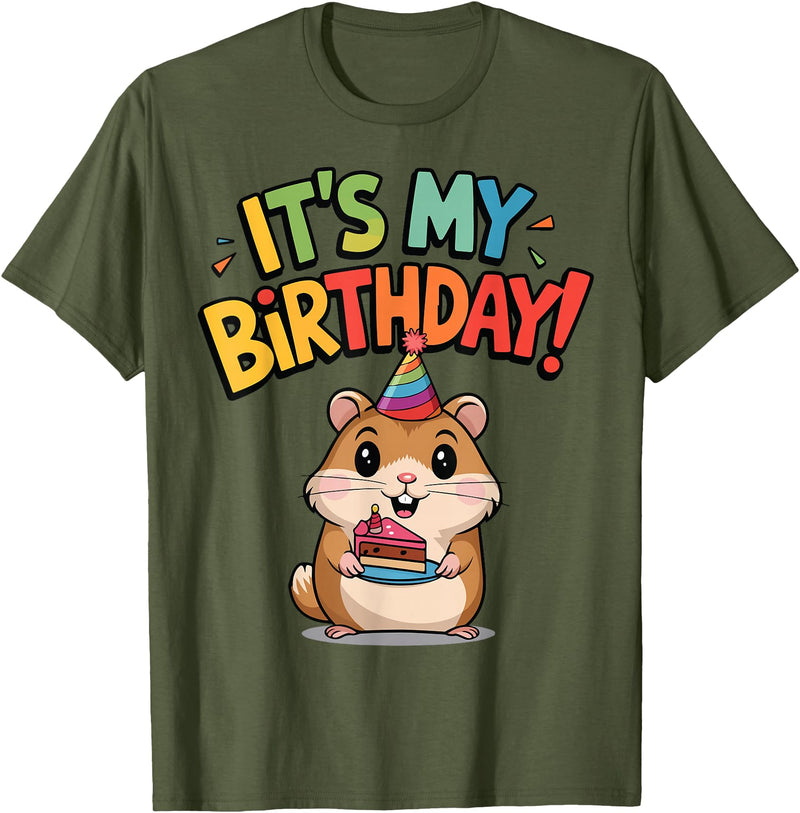 It's My Birthday Cute Hamster for Kid's Party Celebration T-Shirt - Olive Green