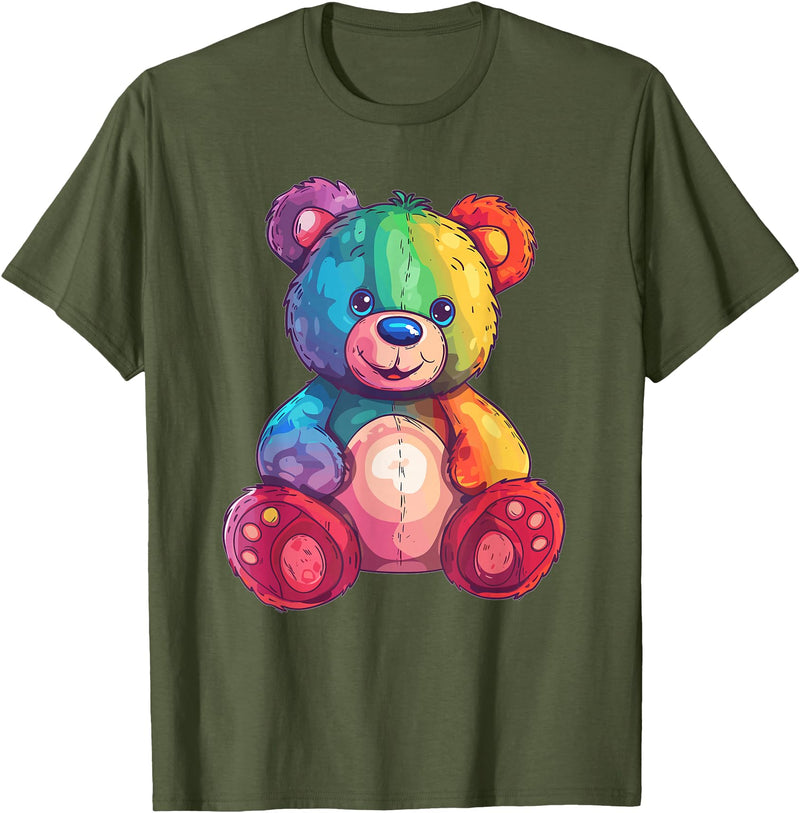 Cute Teddy Bear I Teddy Art I Kids Teddy Bear Colorful Teddy Bear T-Shirt - Olive Green