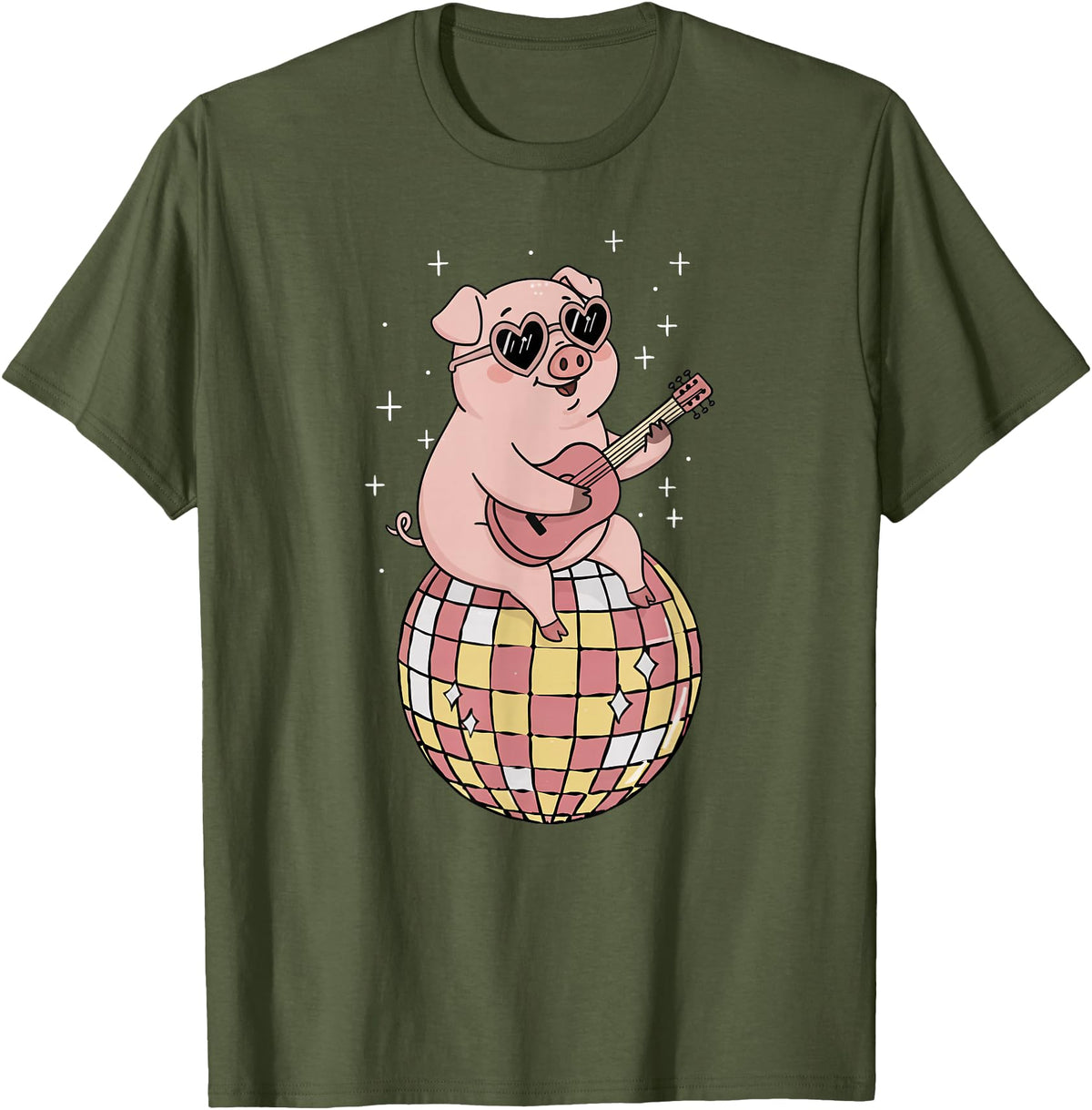 DiscoballAxis1 Funny Pig Disco Dancing Ball Groovy Retro 80s Costume T-Shirt - Olive Green