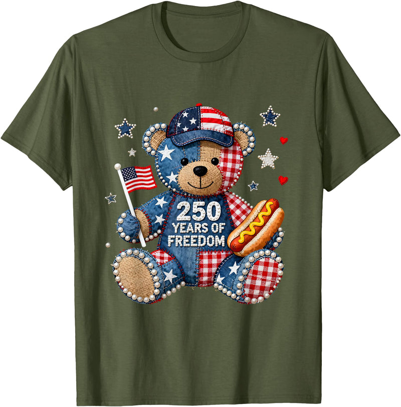 Patriotic Bear USA Vintage Co 250 Years of Freedom Patriotic Bear USA Retro T-Shirt - Olive Green