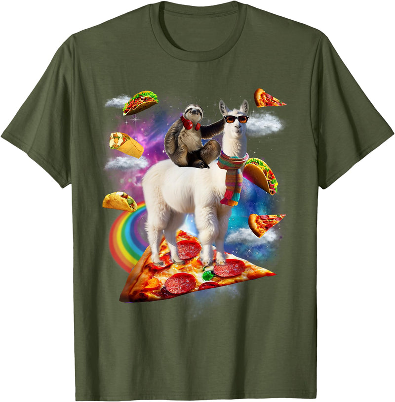 Funny Rainbow Sloth Llama in space Co. Sloth Llama Galaxy Pizza Taco Burrito Rainbow Funny Surreal T-Shirt - Olive Green