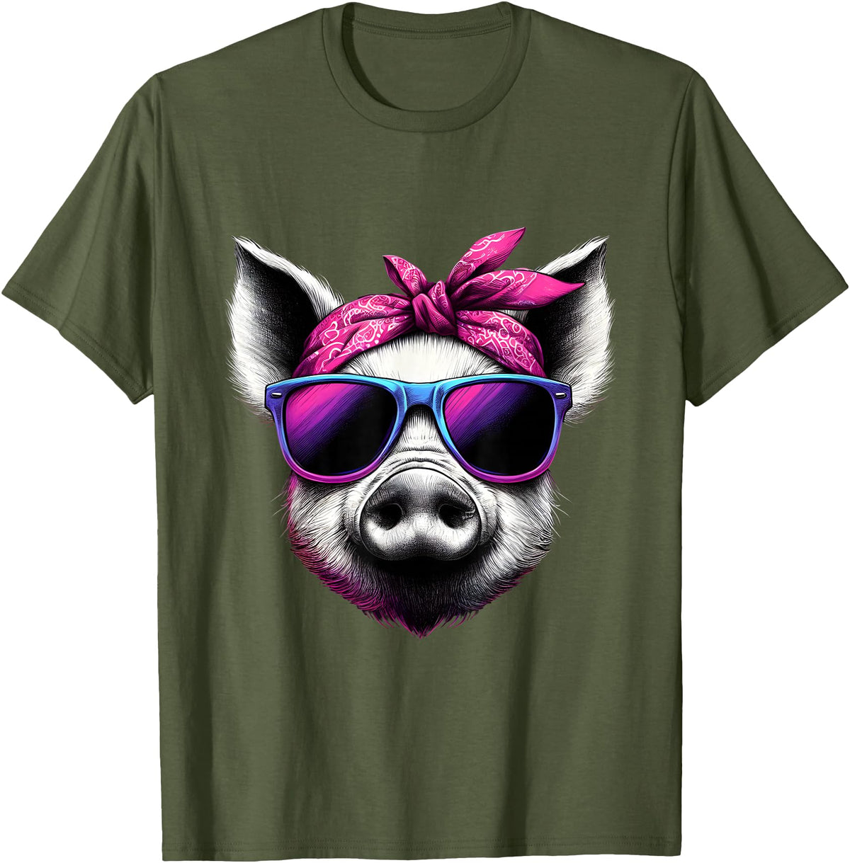 Fashionable Animals Wearing Pink Bandanas Pig Wearing Pink Bandana Headband and Sunglasses T-Shirt - Olive Green