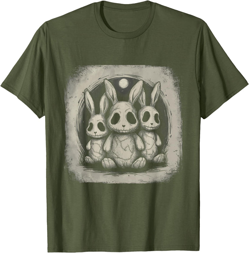 Creepy Bunny Rabbits Easter Horror Goth Grunge Alt Aesthetic T-Shirt in Olive Green