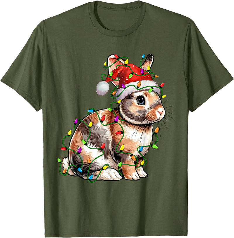 Bunny Rabbit Santa Christmas Tree Lighting Xmas Funny T-Shirt in Olive Green