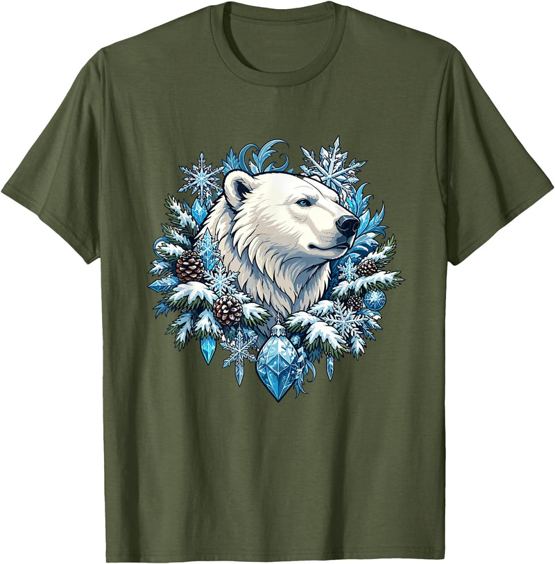 Arctic Polar Bear Winter Snowflake Pine Cone Christmas Polar Bear Snowflake Winter Wonderland T-Shirt - Olive Green