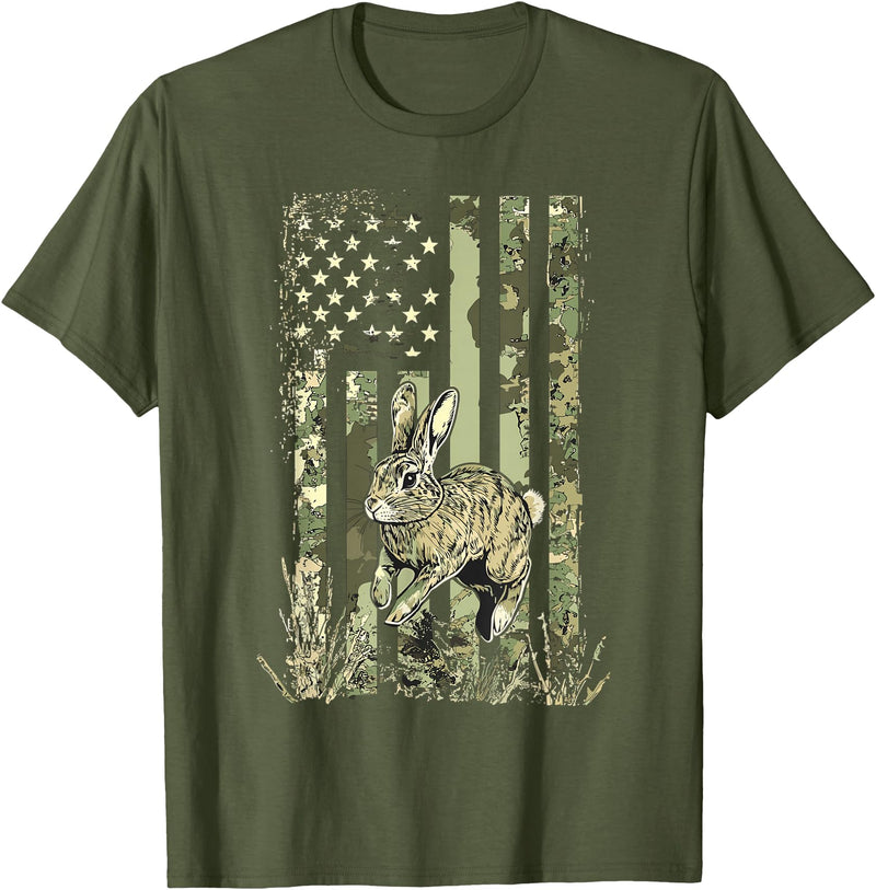 Camouflage Bunny Rabbit American Flag Hunting Rabbit Hunter T-Shirt in Olive Green