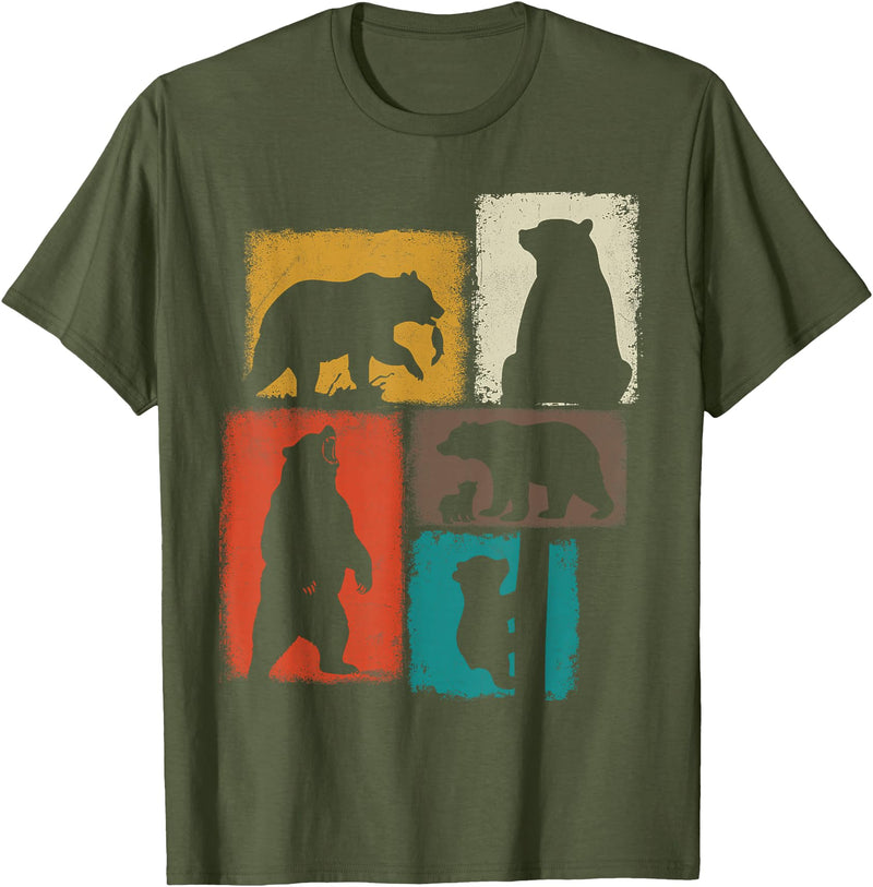 Bear Asymmetrical Collage Design Bear Vintage Collage Outdoorsman Wildlife Lover T-Shirt - Olive Green