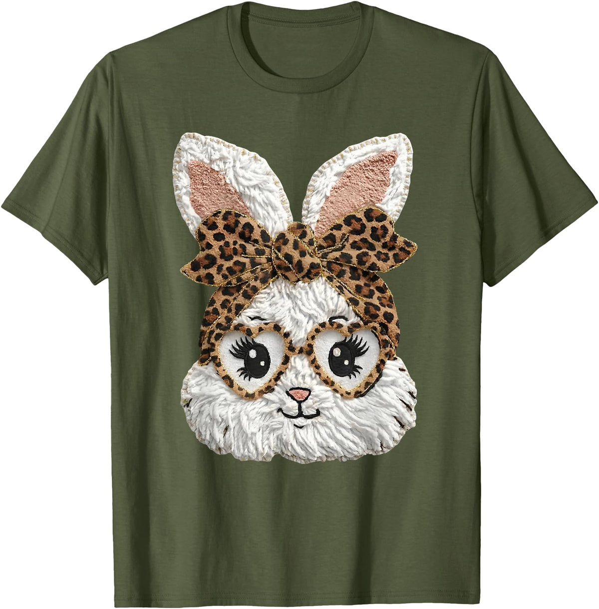 Happy Easter Funny Bunny Glasses Leopard Bandana Rabbit Face T-Shirt in Olive Green