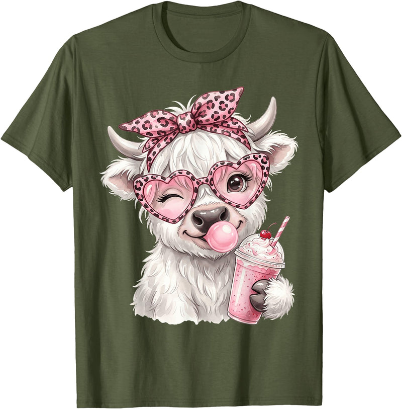 Cute Highlander Cow Lover Designs Scottish Highland Cow Eating Bubblegum T-Shirt - Olive Green