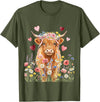 Floral Scottish Highland Cow Farm Animals Cute Highland Cow Women Girls Kid Scottish Cow Highland Cow T-Shirt - Olive Green