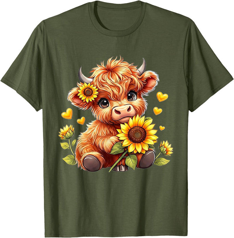 Cute Highland Cow Sunflowers For Girls Cute Highland Cow Sunflowers Girls Women Animal Lovers T-Shirt - Olive Green