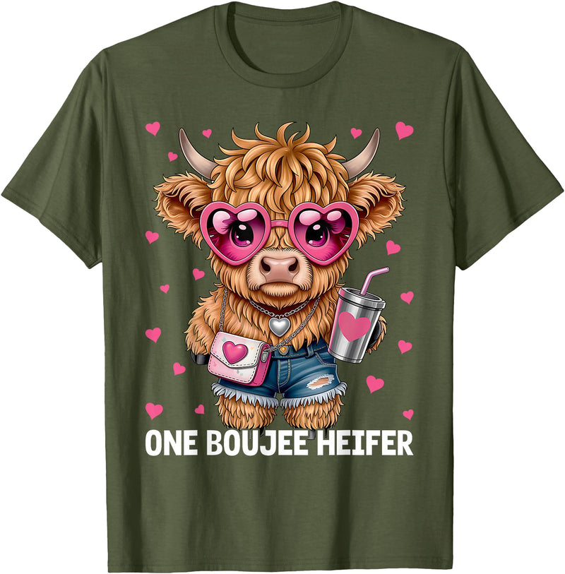 Highland Cow Lover Gift Co. Adorable Highland Cow One Boujee Heifer T-Shirt - Olive Green