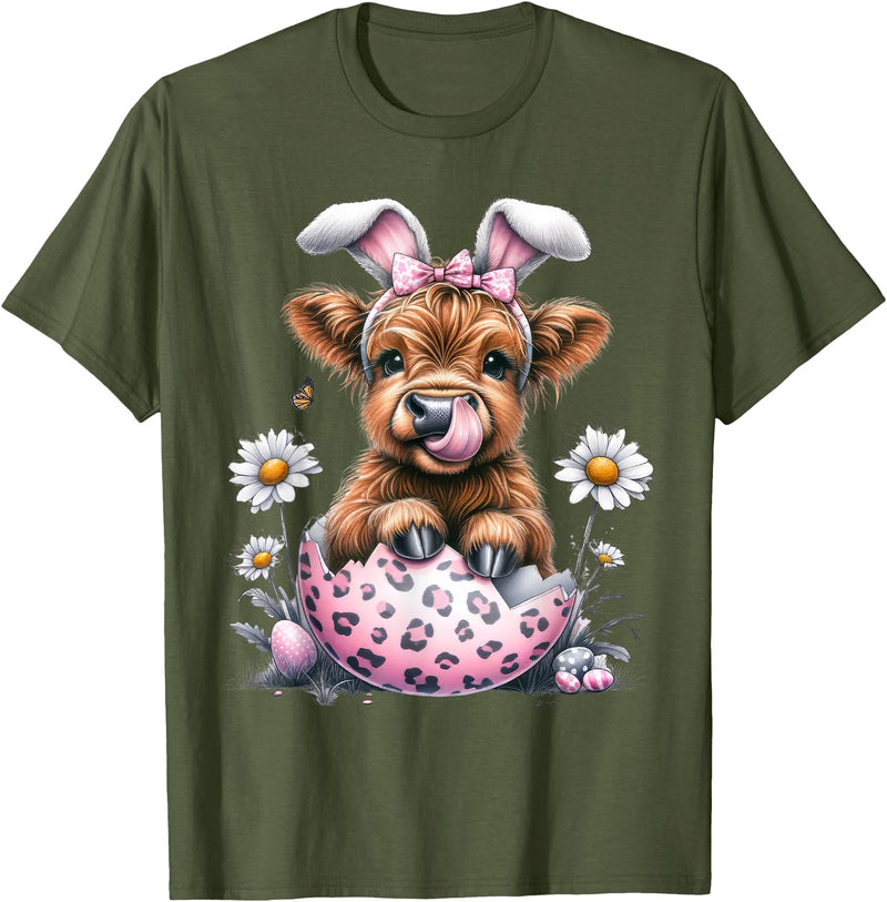 Funny Cow Easter Rabbit Cute Highland Cows Lover Easter Day T-Shirt - Olive Green