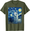 Llama Designs. Llama Alpaka Van Gogh Style Starry Night Funny Graphic T-Shirt - Olive Green