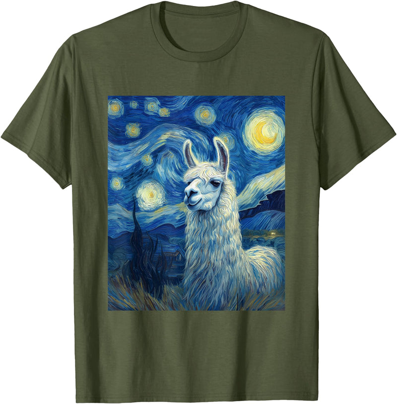Llama Designs. Llama Alpaka Van Gogh Style Starry Night Funny Graphic T-Shirt - Olive Green